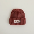 Brick red chunky knit baby beanie featuring a white rectangular NYC woven patch - 44-48cm(8M-2Y) / Wine Red NYC Knit
