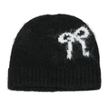 Bonnet en tricot noir pour femme avec un motif nœud blanc en laine mohair douce - Noir