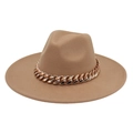 Detail of camel fedora hat featuring a chunky gold chain band on wide brim wool felt - Adult (57-60cm) / Apricot