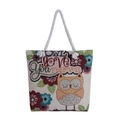 Off-white canvas tote bag featuring a colorful owl illustration and rope handles - Sunrise Owl