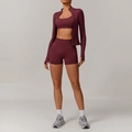 Three-piece seamless wine red yoga set with zip jacket, sports bra, and high-waist shorts - S / Jacket + Bra + Shorts / Cherry Red