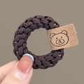 Elastic high-stretch braided hair scrunchie with dark brown color and cute bear patch - Brown Braided Hair Tie with Bear Tag 1Pc