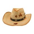 Western straw cowboy hat with star patterns and vintage decorative leather band - Gradient Pentagram (CM0285) / Beige