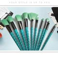 Set di 10 pennelli trucco unicorno con manici a spirale blu pavone e setole verdi - Set da 10 Pezzi / Unicorno Blu