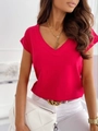 Close-up of rose red V-neck T-shirt showing soft fabric texture and slim fit design - S / Red