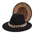 Detail of fedora hat showing classic black felt and leopard print brim with gold chain - M (56-58cm) / Black