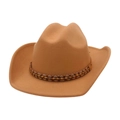 Classic camel wool cowboy hat with bohemian beaded band and curved brim for unisex style - One Size / Camel