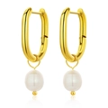 Élégantes boucles d'oreilles créoles dorées en U avec pendentifs perles blanches sur blanc - Boucles d'Oreilles Perle Créoles en U / Doré