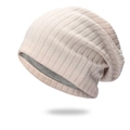 Pink and grey striped knit beanie hat with thermal double-layer lining for women - One Size / Beige