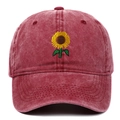 Gorra de béisbol burdeos lavada vintage con bordado de girasol y diseño clásico de 6 paneles - Ajustable / Burdeos