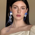 French style blue shell tassel long drop earrings for women with woven circle and sequins - Asymmetric Round Disc Tassel Earrings / Sapphire Blue