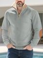 Detail of grey half-zip sweatshirt featuring beige inner collar and brown elbow patches - S / Tops / Gray