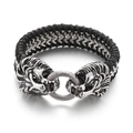 Punk men's braided leather bracelet with double silver lion heads in stainless steel - Steel Color (KB144777-KFC)