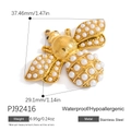 Elegant golden stainless steel bee pendant with white pearls and size measurements - PJ92416-Pearl Bee
