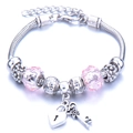 Silver snake chain bracelet with pink faceted beads and heart lock key charms - Pink
