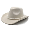 Detail of cream felt western cowboy hat featuring elegant pearl chain and wide brim - M (56-58cm) / Beige