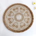 Round jute placemat with white mandala pattern and fringe detail in natural style - Type S Yellow Cloth Tassel