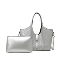 Silver 2-piece tote bag set with monogram pattern and matching clutch handbag - Silver