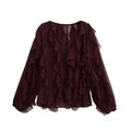 Klassieke donkerrode gelaagde chiffon blouse met ruches en lange mouwen - XS / Bordeauxrood