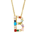 Gold letter B pendant necklace with multi-color zircon stones on white background - Letter B