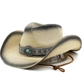 Straw cowboy sun hat with turquoise bead band and vintage gradient dye finish - M(56-58cm) / Rice Black