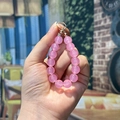 Handmade pink beaded phone lanyard with translucent round beads and gold metal ring - Pink Clear Beads