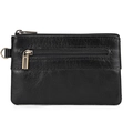 Front view of black leather coin pouch with dual metal zippers and side D-ring - Oil Wax Leather Black