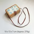 Rectangular woven rattan crossbody bag with blue shell flower inlay and leather strap - 19*13*7cm / Small Square Bag--Blue Flower Shell