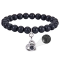 Detail of heart pendant with 100 languages projection stone on black bead bracelet - Matte Stone