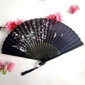 Ancient style folding fan in black and blue with pink cherry blossoms and black tassel - Black-Blue Gradient Cherry Blossom & Butterfly Style (Women's Fan-87)