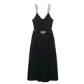 Elegante vestido midi negro de tirantes finos con cinturón y hebilla metálica - XS / Negro