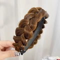 Realistic brown synthetic fishtail braid headband with a stylish woven texture - Three-Strand Braid / Tan