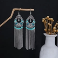 Bohemian turquoise tassel earrings with beaded detail on natural wooden branch background - Cyan Green Floral Long Tassel Style (E6139-2)