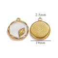 Golden oil painting leaf charm with white enamel and 19mm diameter dimensions - Round Small Leaf Pendant / White