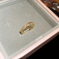 Close-up of 18k gold plated double-layer open ring with sparkling cubic zirconia inlay - Double Layer Zircon Style / 18K Real Gold Plated Gold