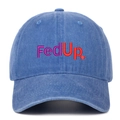 Detail of vintage washed cotton baseball cap with blue fabric and FedUp embroidery - Light Blue