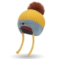 Cappello invernale in maglia per bimbi con paraorecchie e pompon in giallo e blu - Taglia unica / Giallo