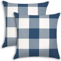 Navy blue and white buffalo check cotton linen square throw pillow cases set of two - 45*45cm (Pillow Not Included) / Sky Blue