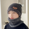 Men's dark grey winter knit hat and neck warmer set with thick fleece lining - Kids Style (Hat And Neck Warmer) / Gray