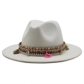 Sombrero fedora de lana blanco con detalles de conchas y borlas bohemias - Talla Única 58cm / Blanco