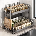 2-tier black metal kitchen spice rack with knife holder and cutting board stand - 2-Layer Gun Grey 35CM Full Set (Chopstick Tube + Board Rack) + 4 Hooks