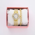 Gold iced-out watch and bracelet set with Roman numerals in a pink gift box - Style 37 + Bracelet + Box