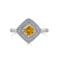 Elegant silver halo ring with square yellow zircon and double-layer white diamond wrap - Size 6 / Ring / Yellow