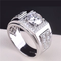 Men's silver-toned 18K gold ring featuring a square-cut solitaire stone and pave side diamonds - Square-set Men's Ring [white Gold] Ljz-101 / Adjustable Open