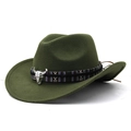 Close-up of olive green western felt hat featuring a silver bull head metal emblem and ethnic band - M (56-58cm) Adjustable / Army Green