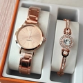 Rose gold quartz watch and crystal bracelet set presented in a white gift box - Rose Gold Watch Round Rhinestone Bracelet Set