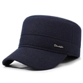 Men's winter flat top cap in dark blue with ear protection and silver metal logo - Adjustable / Navy Blue