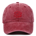Close-up of red rose embroidery on a washed cotton vintage-style baseball cap - Burgundy