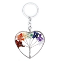 Detailed view of handmade heart-shaped Tree of Life keychain with colorful natural crystals - 7 Chakra Stones Heart Clustered