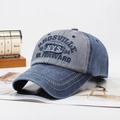 Berretto da baseball in denim lavato blu navy e grigio con ricami in stile vintage - Regolabile / Fronte Grigio Corpo Blu Notte